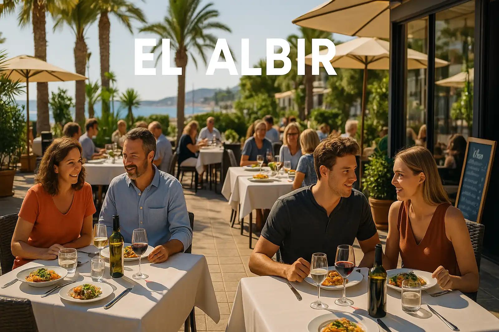 Parejas cenando al aire libre en un restaurante con terraza en El Albir, con palmeras y mar de fondo.