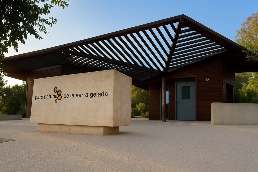Entrada al Parc Natural de la Serra Gelada en Benidorm, con cartel de piedra y edificio moderno rodeado de naturaleza al atardecer
