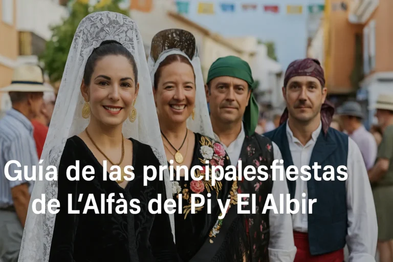 Personas con trajes tradicionales y peineta durante las fiestas de L’Alfàs del Pi y El Albir.