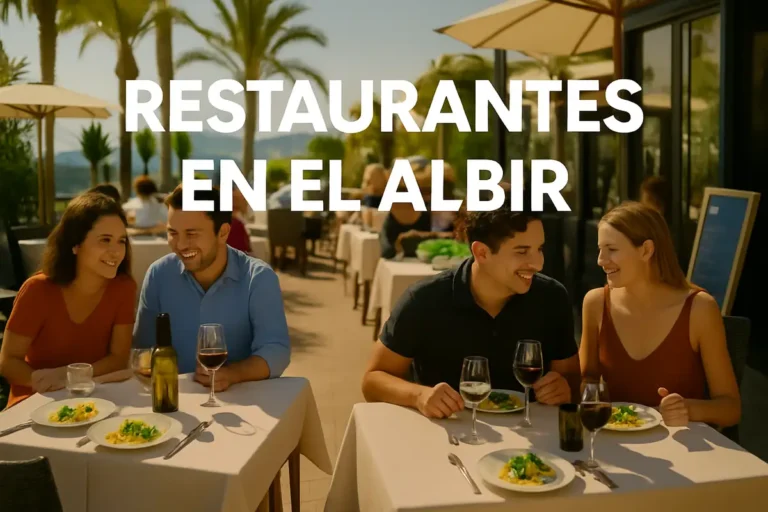 Parejas disfrutando de una comida al aire libre en un restaurante de El Albir con palmeras y vistas al mar Mediterráneo