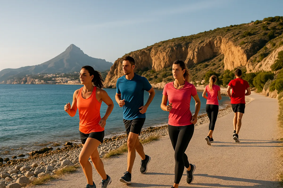 Personas haciendo footing en el paseo marítimo de El Albir con vistas a la Serra Gelada.