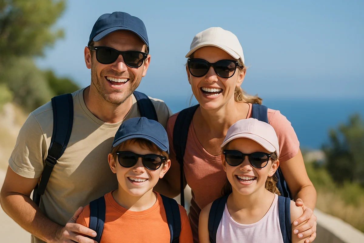 Familia sonriente con gafas de sol y gorras lista para pasear hacia el Faro de l’Albir"