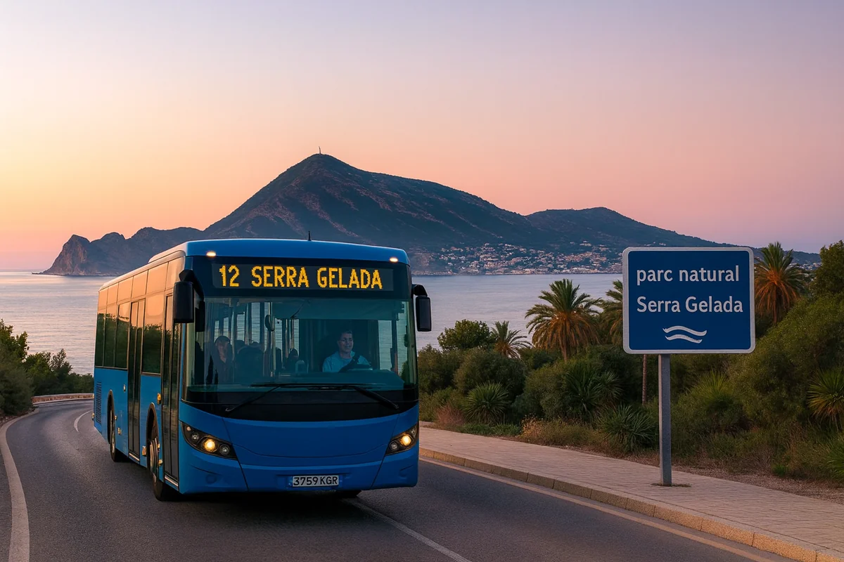 Autobús en El Albir con destino Serra Gelada al atardecer