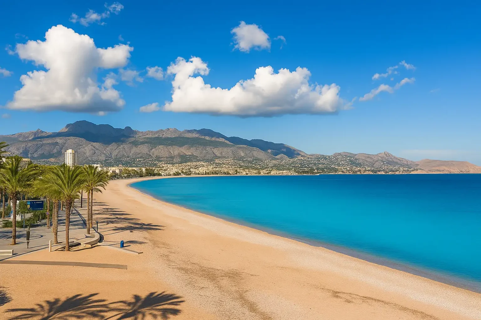 Vista panorámica de la Playa del Albir con paseo marítimo, palmeras, mar turquesa y la Serra Gelada al fondo