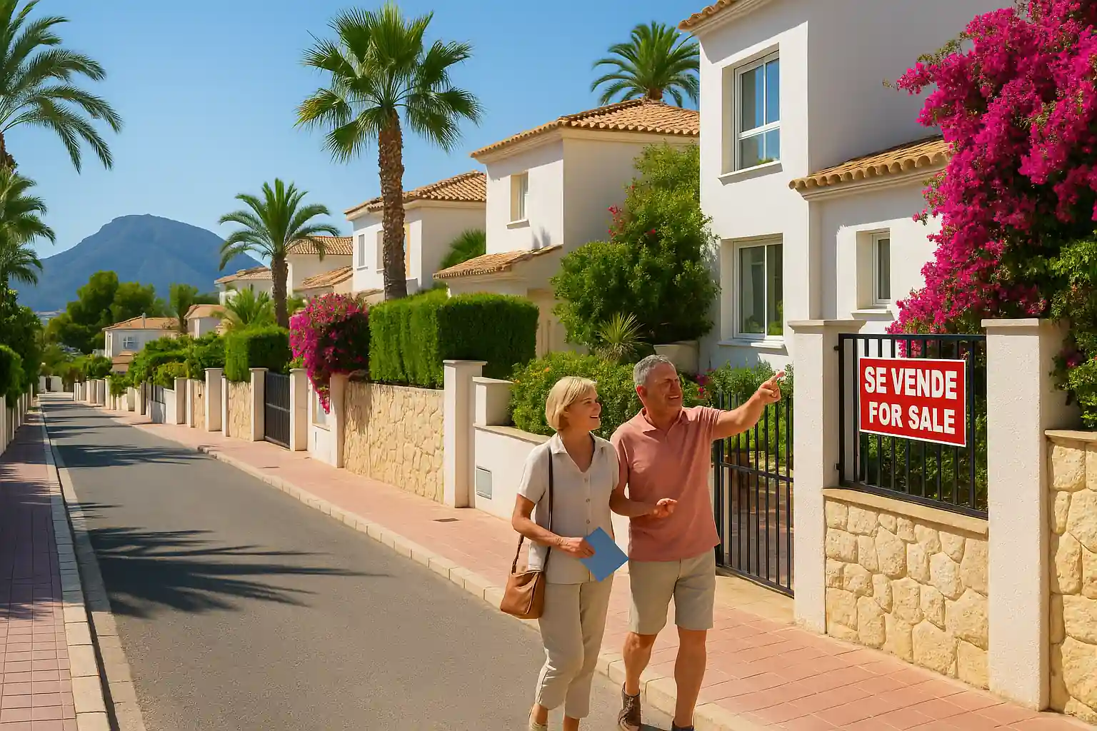Pareja europea recorriendo una calle de villas en El Albir para comprar una propiedad, con la Serra Gelada al fondo