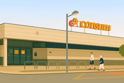 Supermercado en El Albir con fachada moderna y luz cálida, inspirado en el estilo del Consum local de la Costa Blanca.