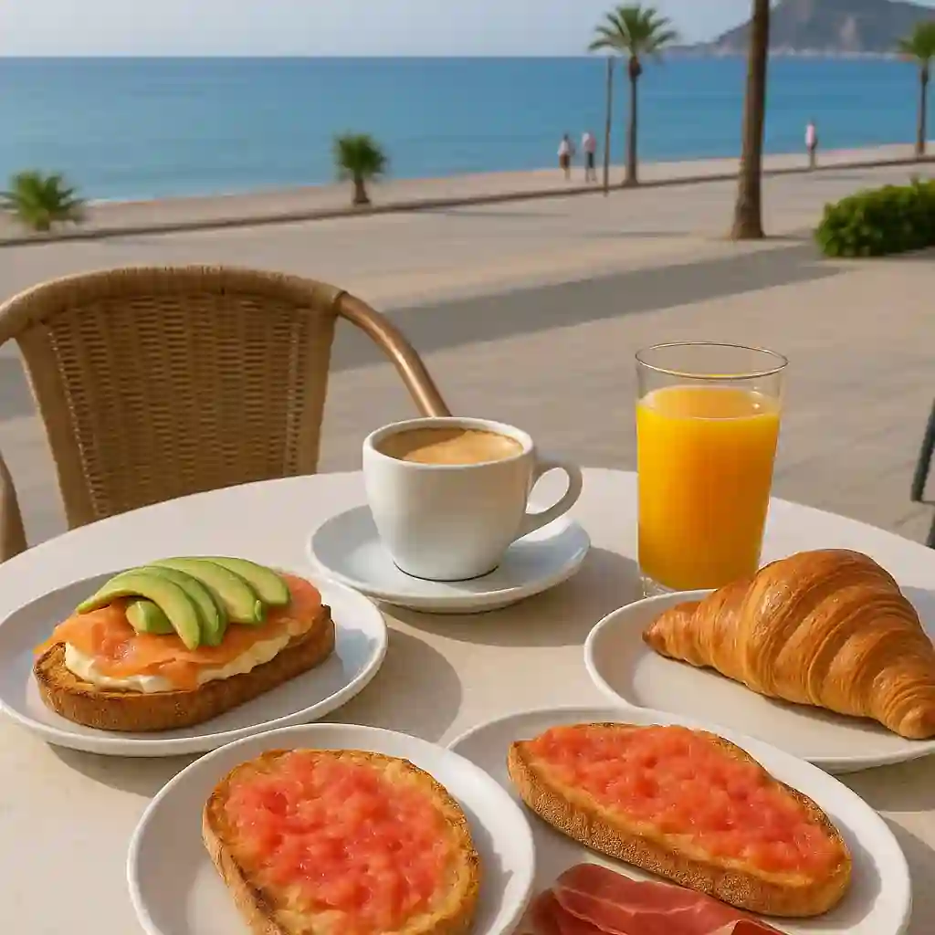 Desayuno mediterráneo con tostadas, café, zumo de naranja y croissant frente al paseo marítimo de El Albir