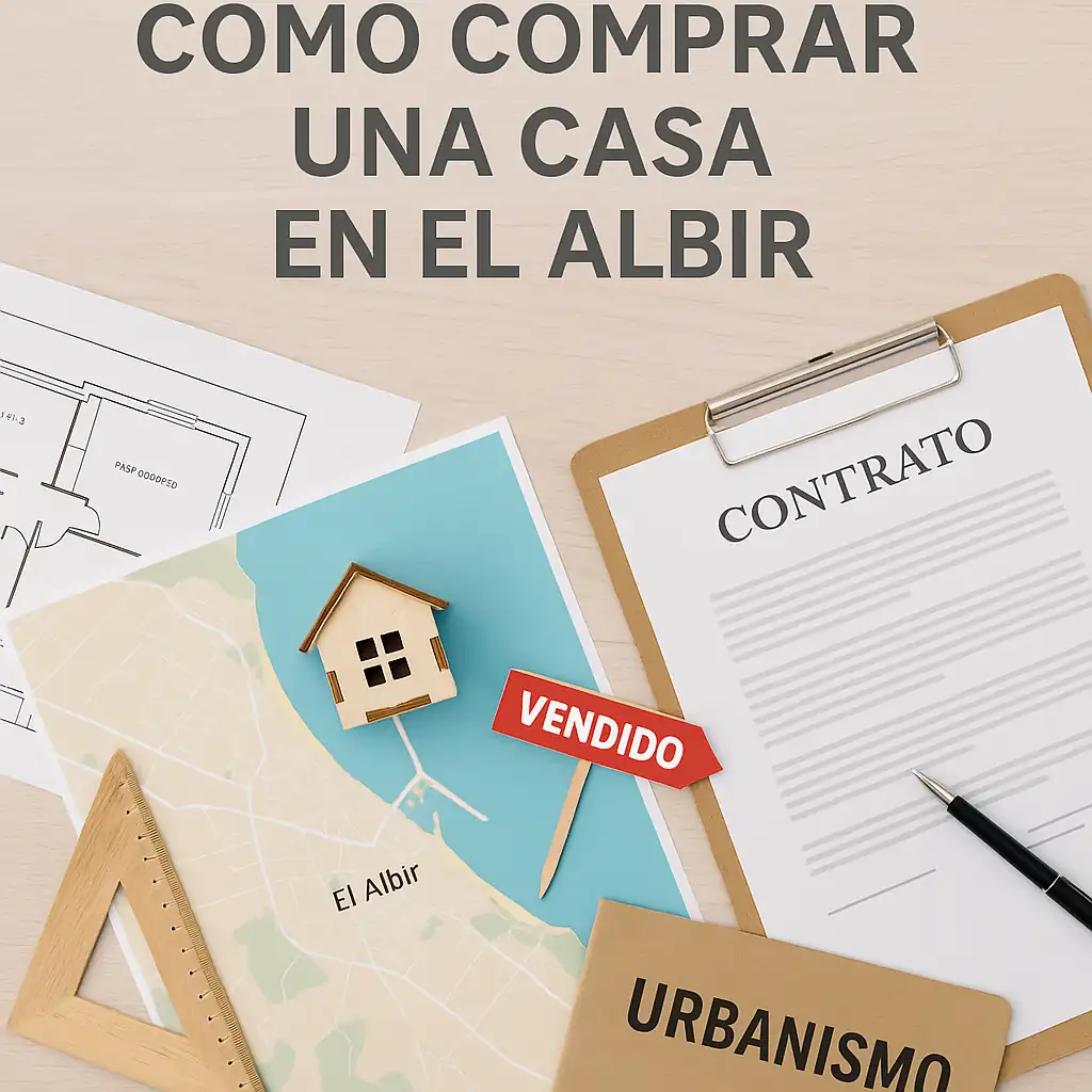 Plano urbanístico, contrato y mapa de El Albir con maqueta de casa y carpeta de urbanismo