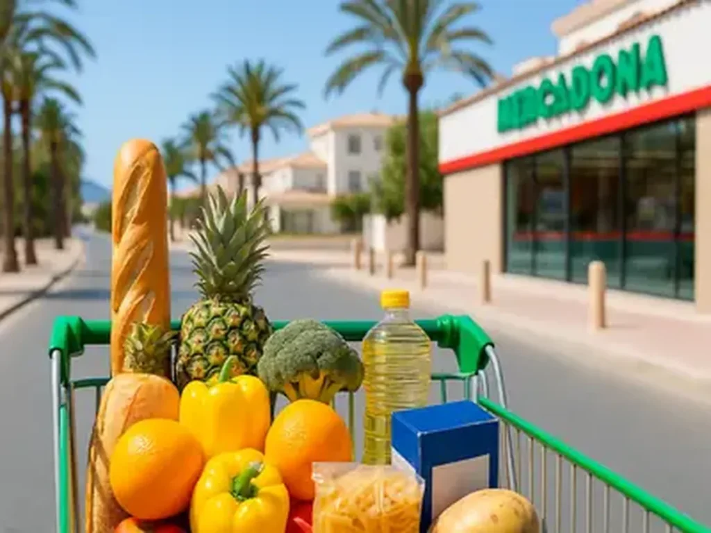 Carro de supermercado lleno de frutas, verduras y aceite, con supermercado Mercadona y palmeras al fondo en El Albir, Costa Blanca.