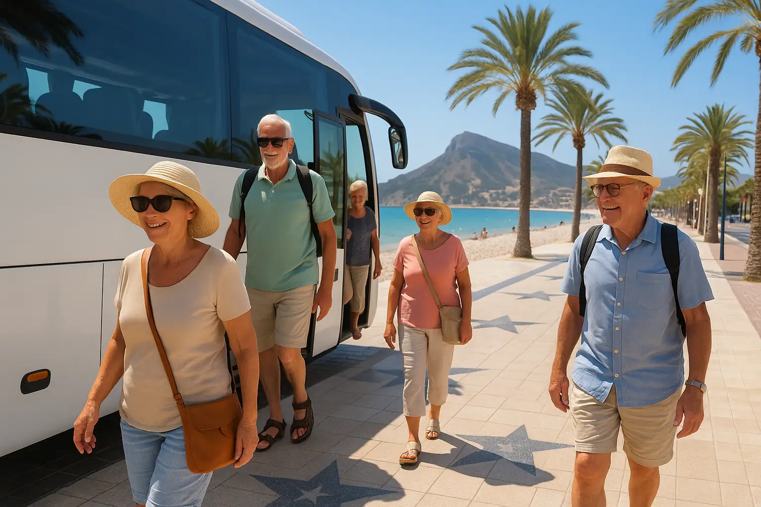 Grupo de jubilados europeos bajando de un autobús en el Paseo de las Estrellas de la Playa del Albir con la Serra Gelada al fondo