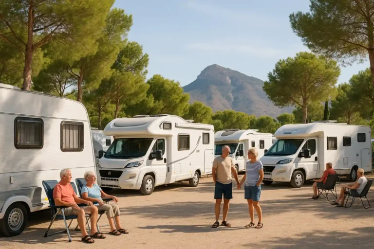 Camping de caravanas en El Albir, turistas senior descansando al aire libre con la Serra Gelada de fondo