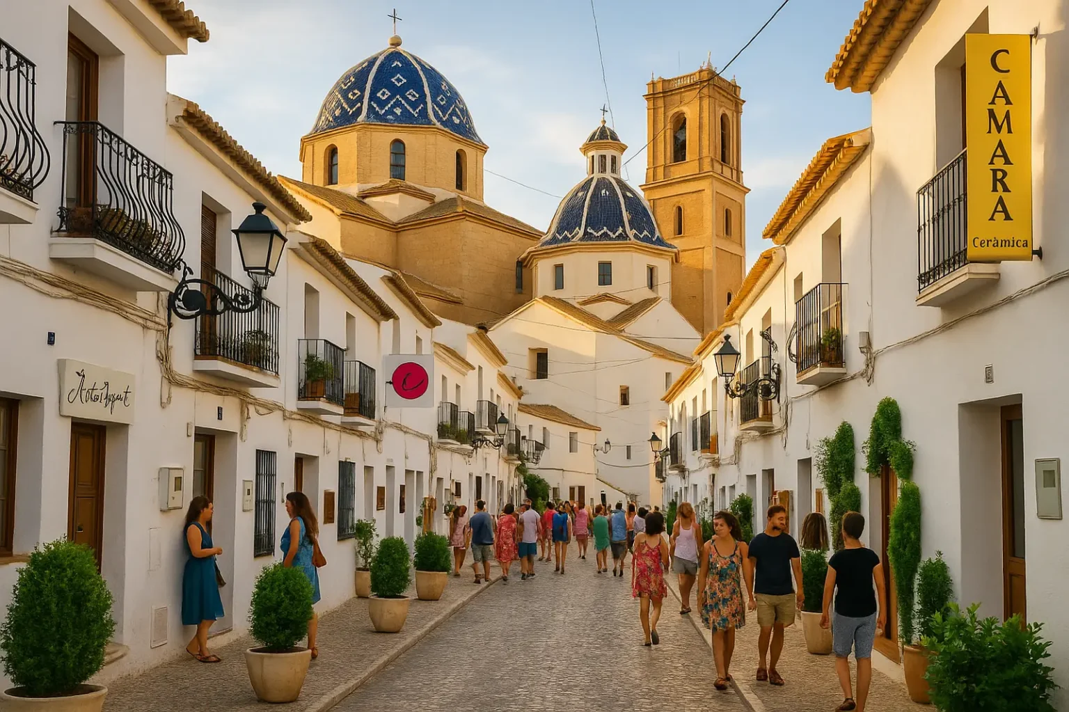 Vista del casco antiguo de Altea con la iglesia de cúpulas azules y el mar al fondo