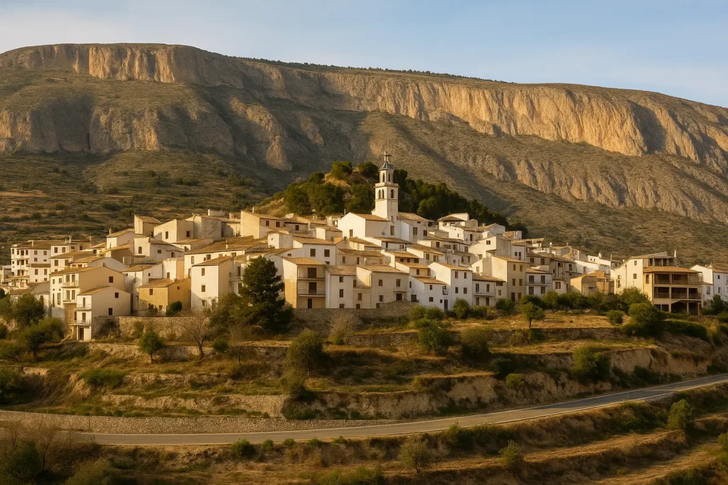 Vista panorámica del pueblo de Sella en la Costa Blanca Interior, Alicante, con la Sierra de Aitana al fondo.