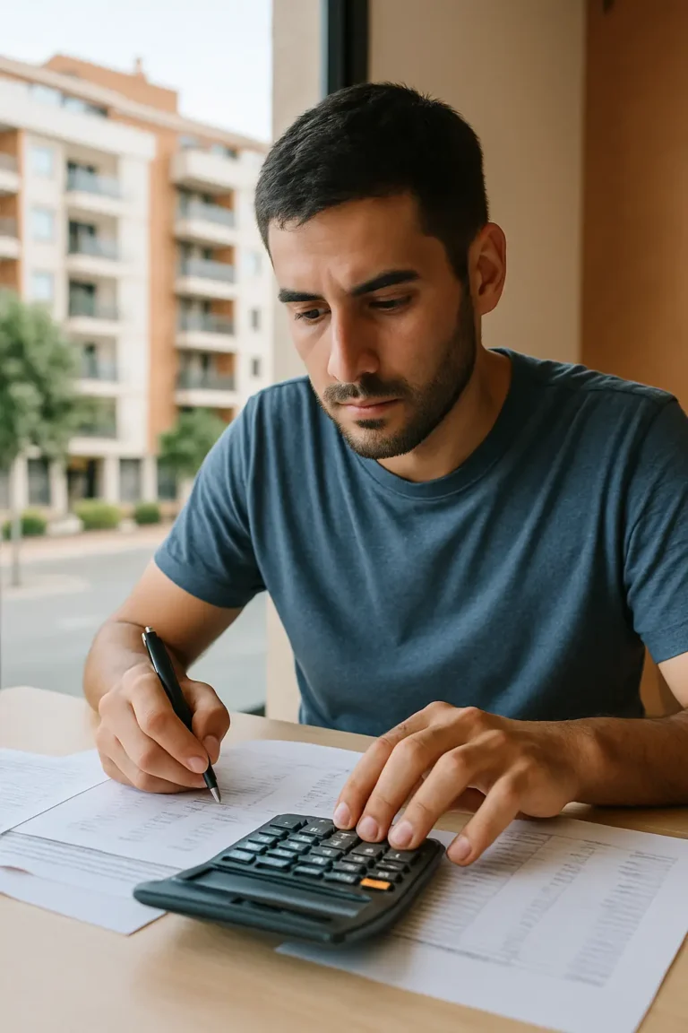 Joven trabajador haciendo números para mudarse a El Albir