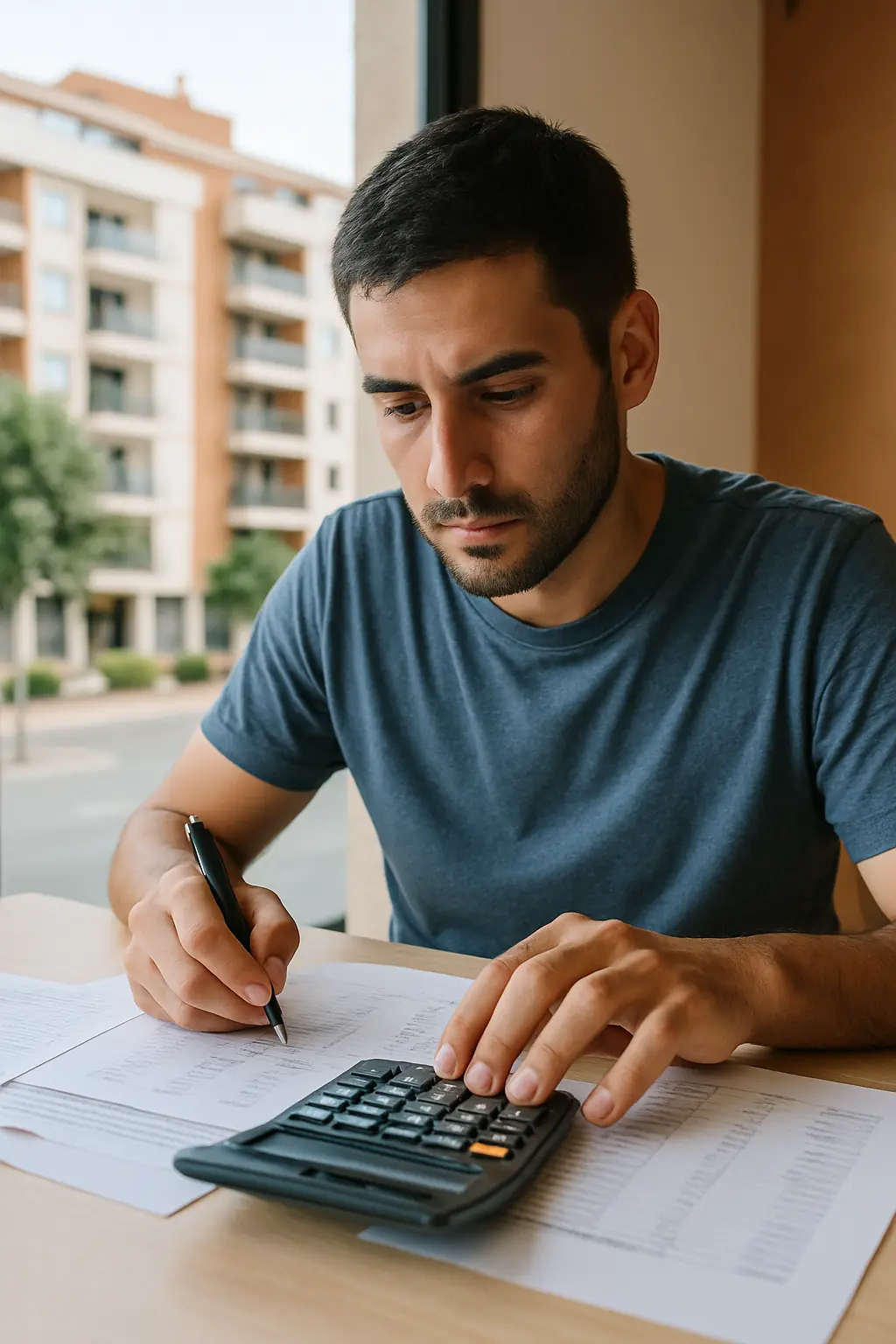 Joven trabajador haciendo números para mudarse a El Albir