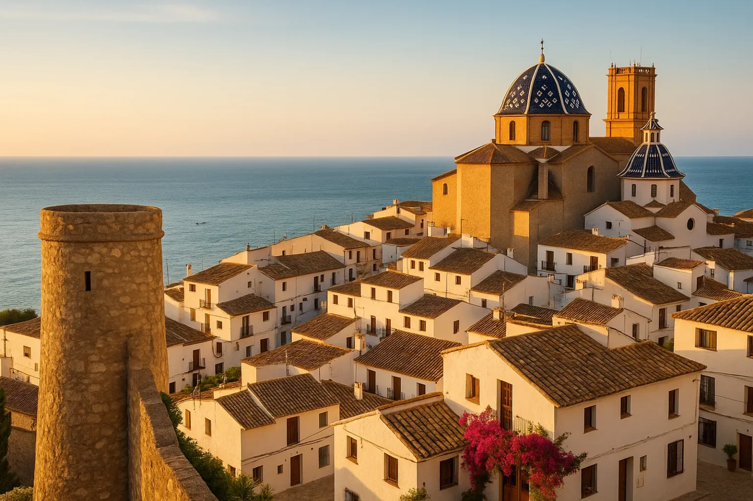 Vista panorámica del casco antiguo de Altea con casas blancas, cúpulas azules y el Mediterráneo al fondo. Historia y encanto mediterráneo.