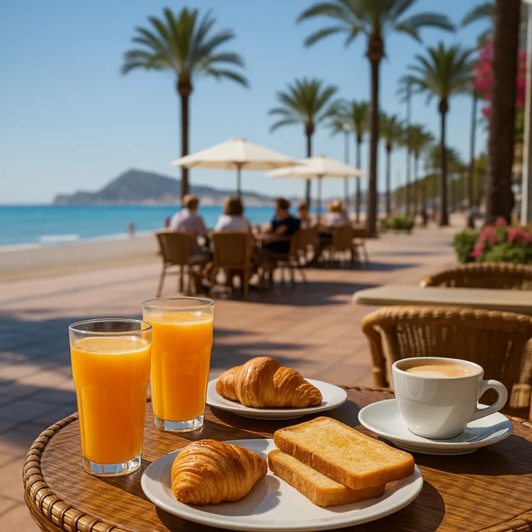 Desayuno en El Albir: zumo de naranja natural, croissants y café en terraza frente al mar.