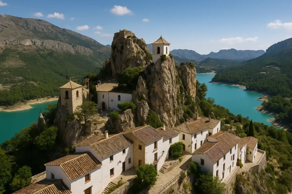 vista aérea de Guadalest con castillo medieval y embalse turquesa en Alicante