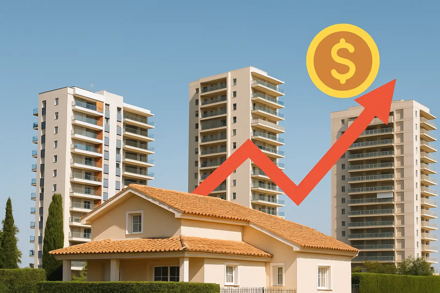 Casa unifamiliar junto a edificios residenciales modernos en El Albir, con gráfico de flecha ascendente y símbolo de dólar representando el mercado inmobiliario.