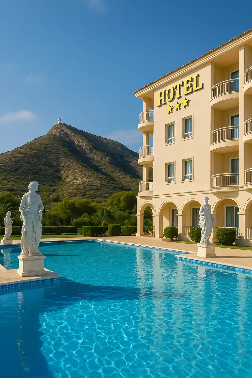 Piscina azul junto a hotel 5 estrellas con estatuas clásicas y el Faro del Albir al fondo.
