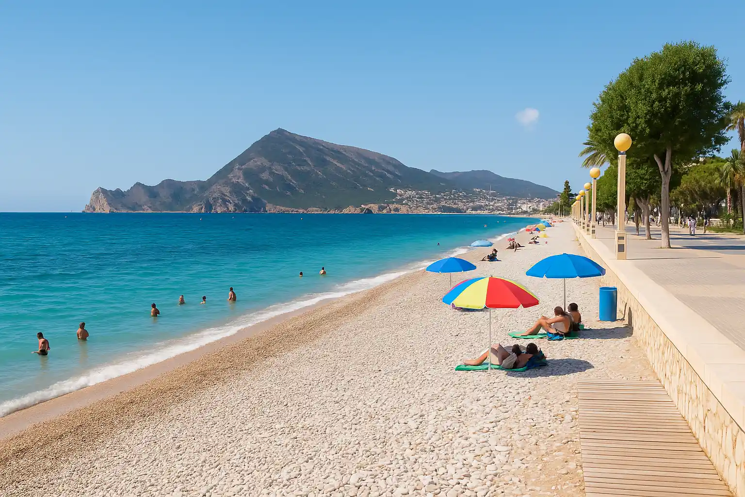 Vista de la Playa de la Roda en Altea con su paseo marítimo, guijarros blancos y aguas cristalinas bajo las montañas