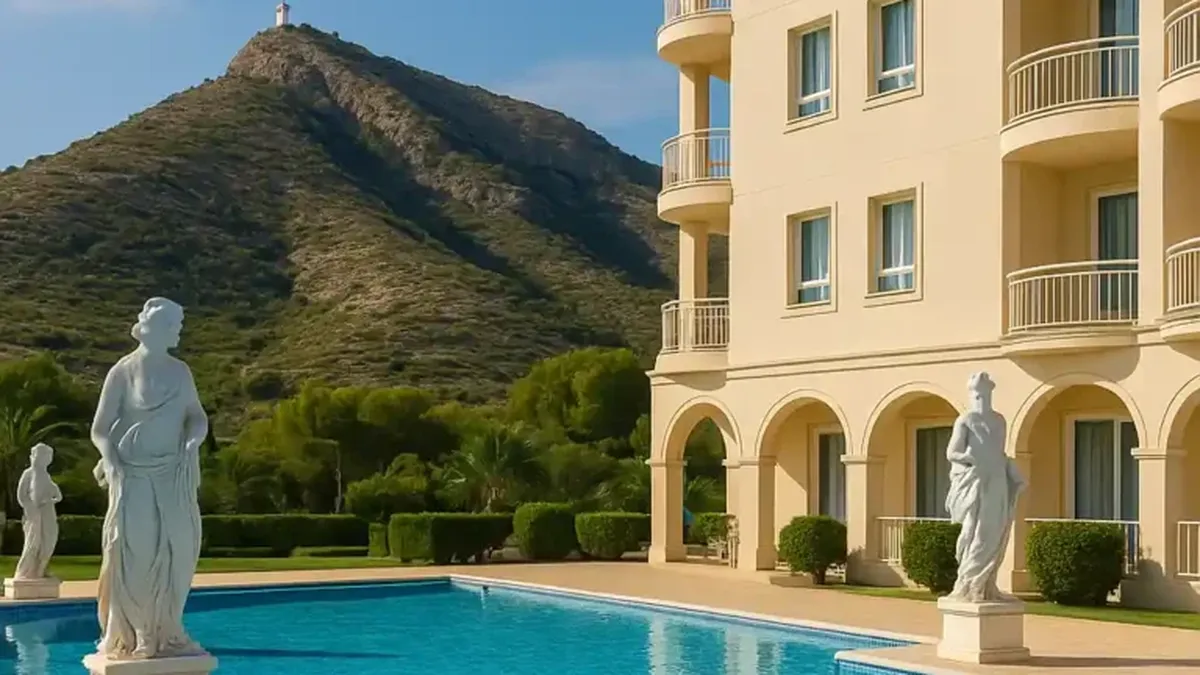 Piscina azul junto a hotel 5 estrellas con estatuas clásicas y el Faro del Albir al fondo.