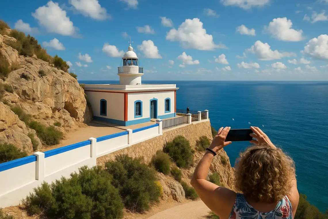 Faro del Albir junto al acantilado con vistas al mar Mediterráneo en un día soleado