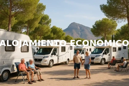 Área de caravanas con parejas y familias disfrutando al aire libre, con el título ALOJAMIENTO ECONOMICO en el centro.