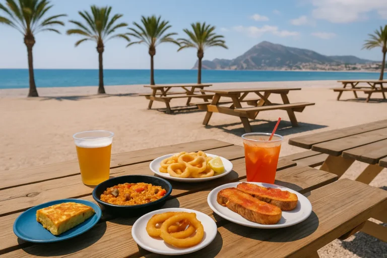 Picnic en la playa del Albir con menú barato: paella, tortilla, pan y bebidas sobre mesa de madera con vistas al Mediterráneo.