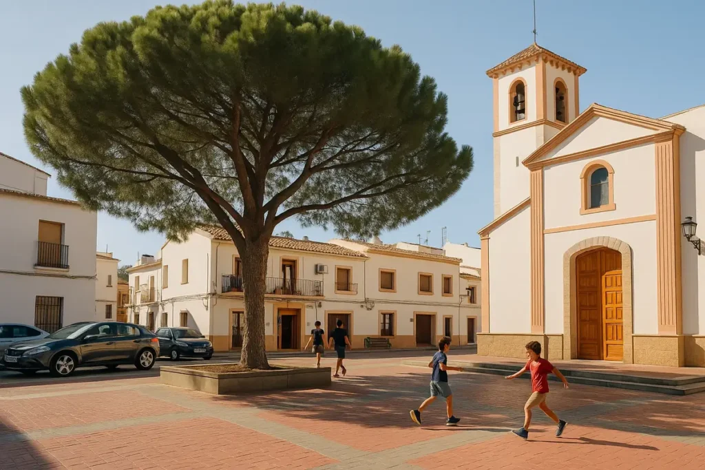 Plaza de la Iglesia de Alfaz del Pi con el pino símbolo del pueblo y vecinos paseando en un día soleado.