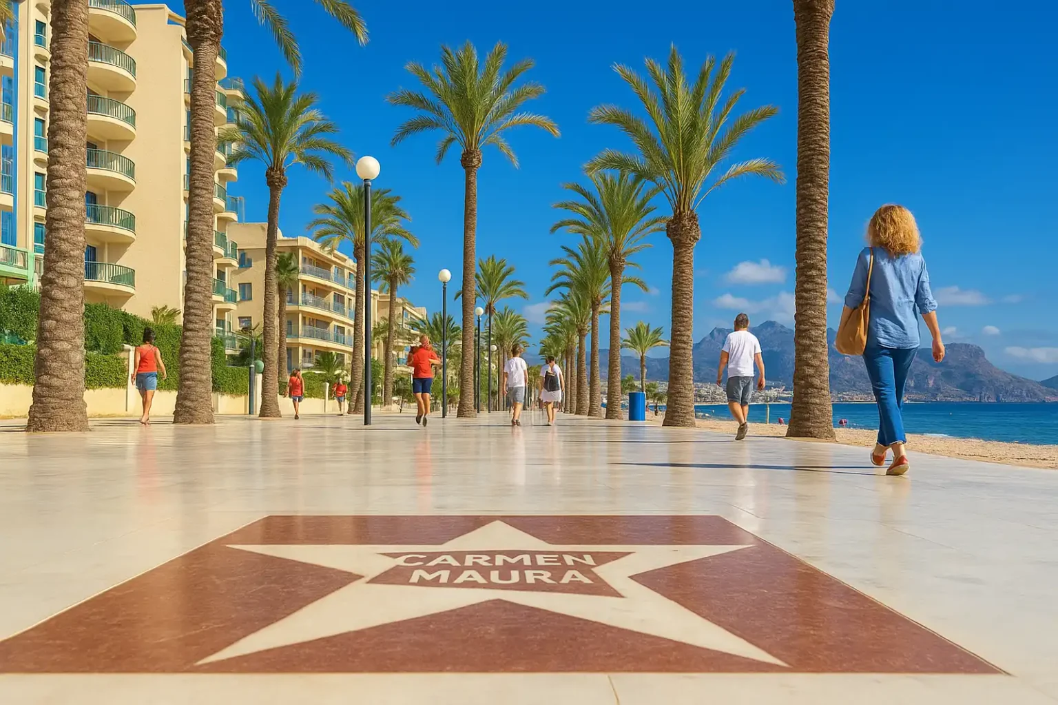 Paseo de las Estrellas en la playa del Albir con palmeras y vista a Altea Hills
