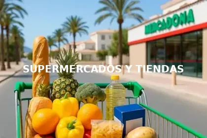 Carrito de la compra con frutas, verduras, pan y aceite frente a un supermercado Mercadona en El Albir, con el título SUPERMERCADOS Y TIENDAS.