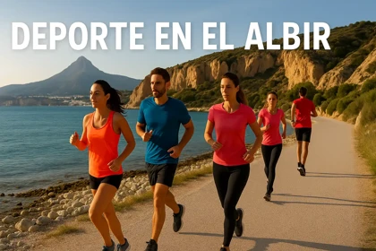 Personas corriendo junto al mar en El Albir con el título "Deporte en El Albir".