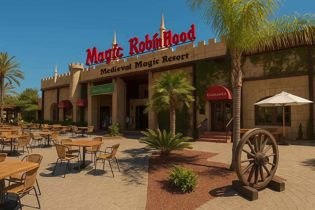 Entrada principal del resort Magic Robin Hood en Alfaz del Pi con terraza y decoración medieval