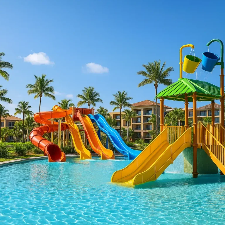 Piscina con toboganes y palmeras en un resort vacacional de El Albir, Alicante