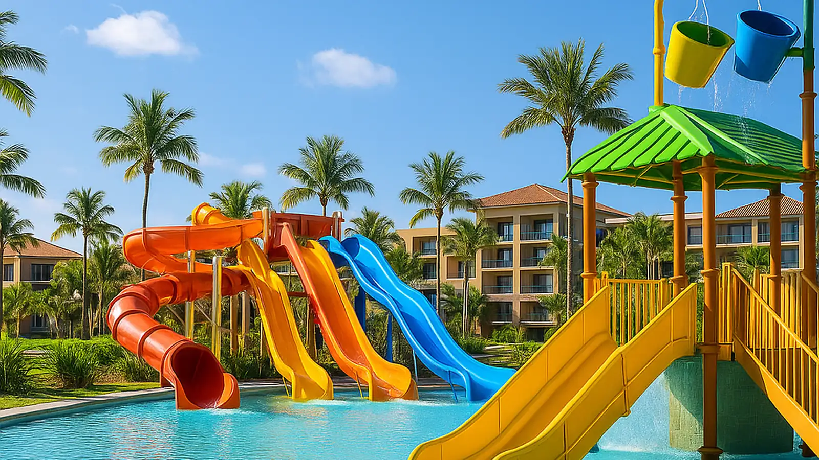 Piscina con toboganes y palmeras en un resort vacacional de El Albir, Alicante