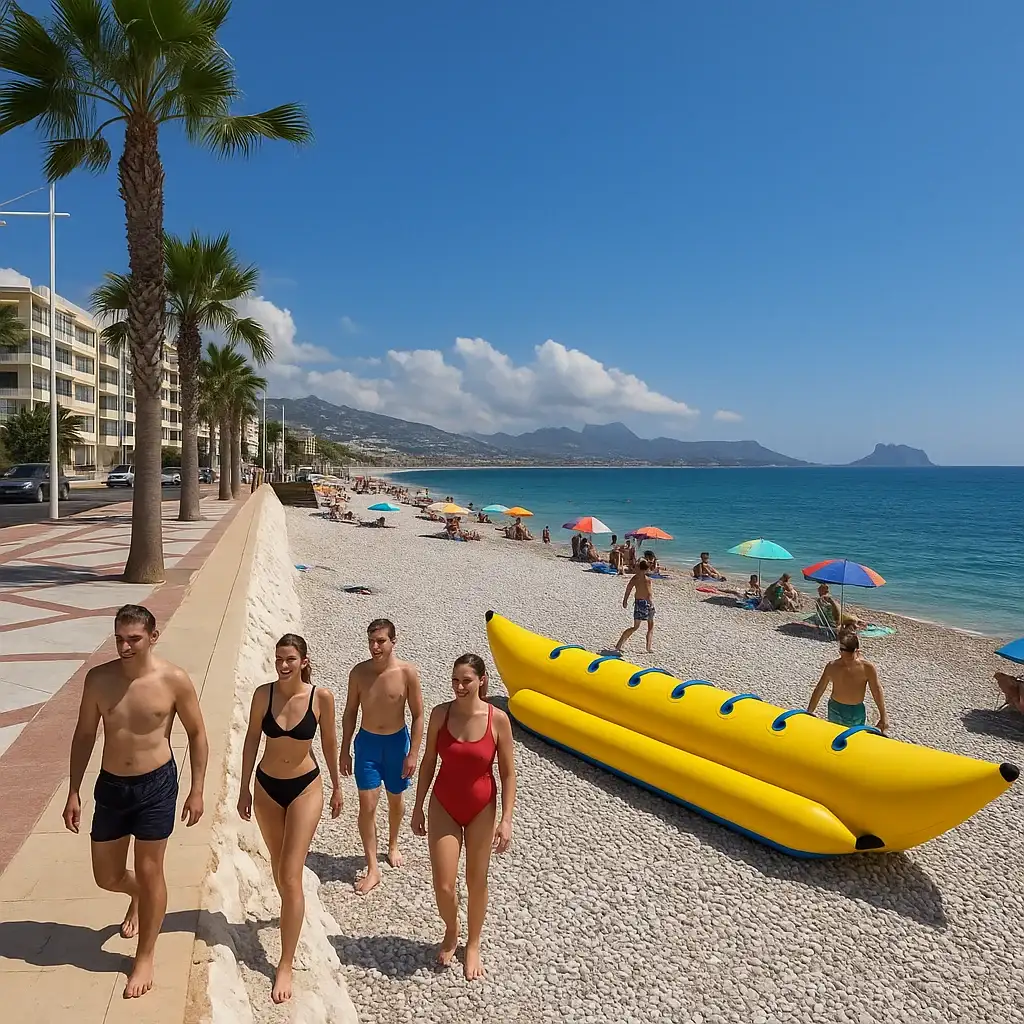 Playa Cap Blanch en Altea con bañistas caminando y un plátano inflable amarillo en la orilla.