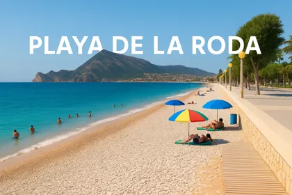 Playa de la Roda en Altea con sombrillas de colores, paseo marítimo y vistas a la montaña