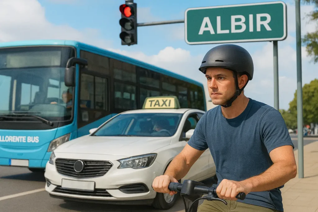 lustración de transporte público en El Albir, con autobús Llorente, taxi blanco y un joven en patinete en un semáforo.