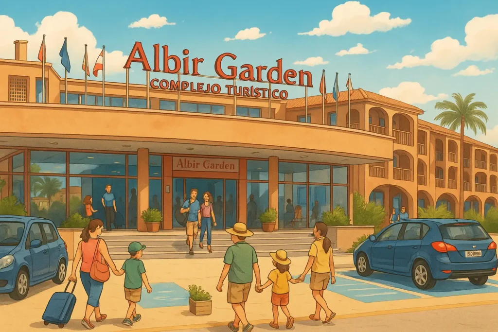 Ilustración del Albir Garden Resort con familias entrando al complejo turístico en un día soleado.