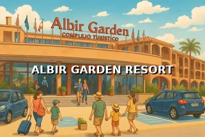 Fachada principal del Albir Garden Resort en un día soleado, con familias llegando y saliendo del complejo vacacional.