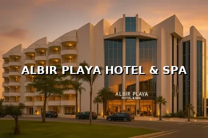 Fachada moderna del Albir Playa Hotel & Spa iluminada al atardecer, con reflejos cálidos en los ventanales.