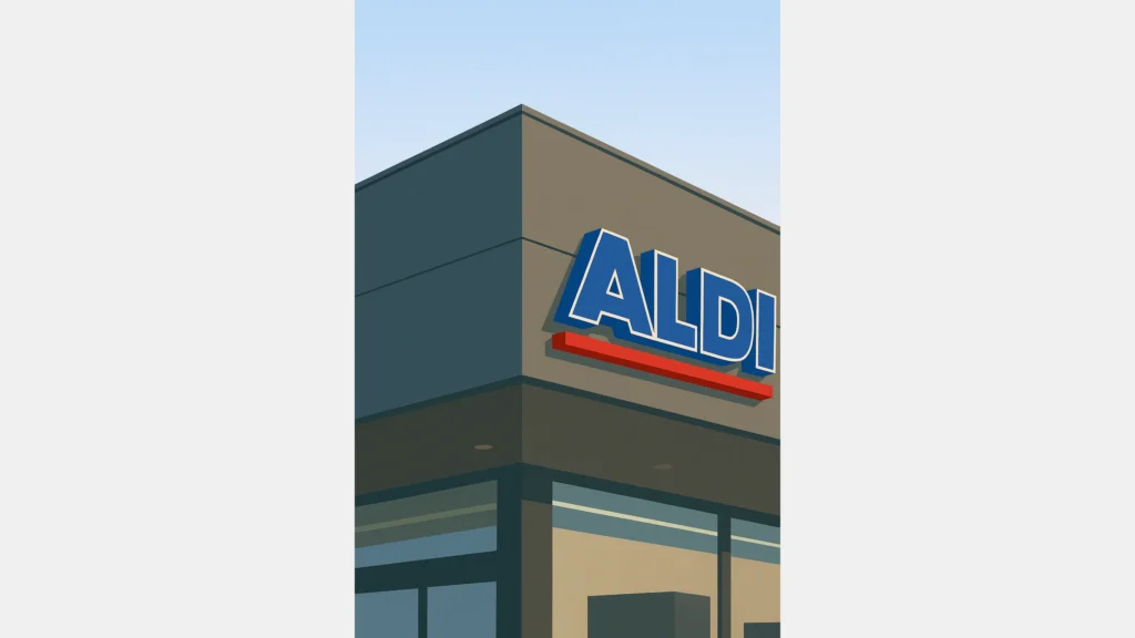 Fachada lateral del supermercado ALDI con su logotipo azul y rojo sobre fondo gris moderno