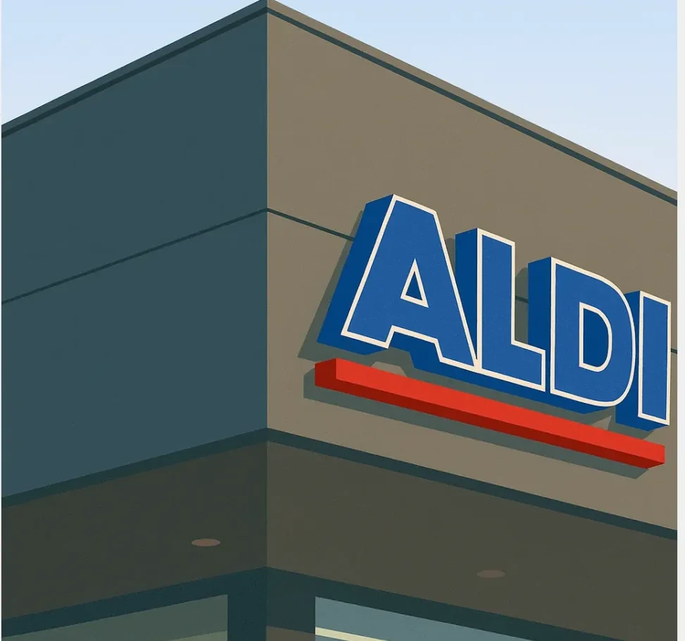 Fachada lateral del supermercado ALDI con su logotipo azul y rojo sobre fondo gris moderno