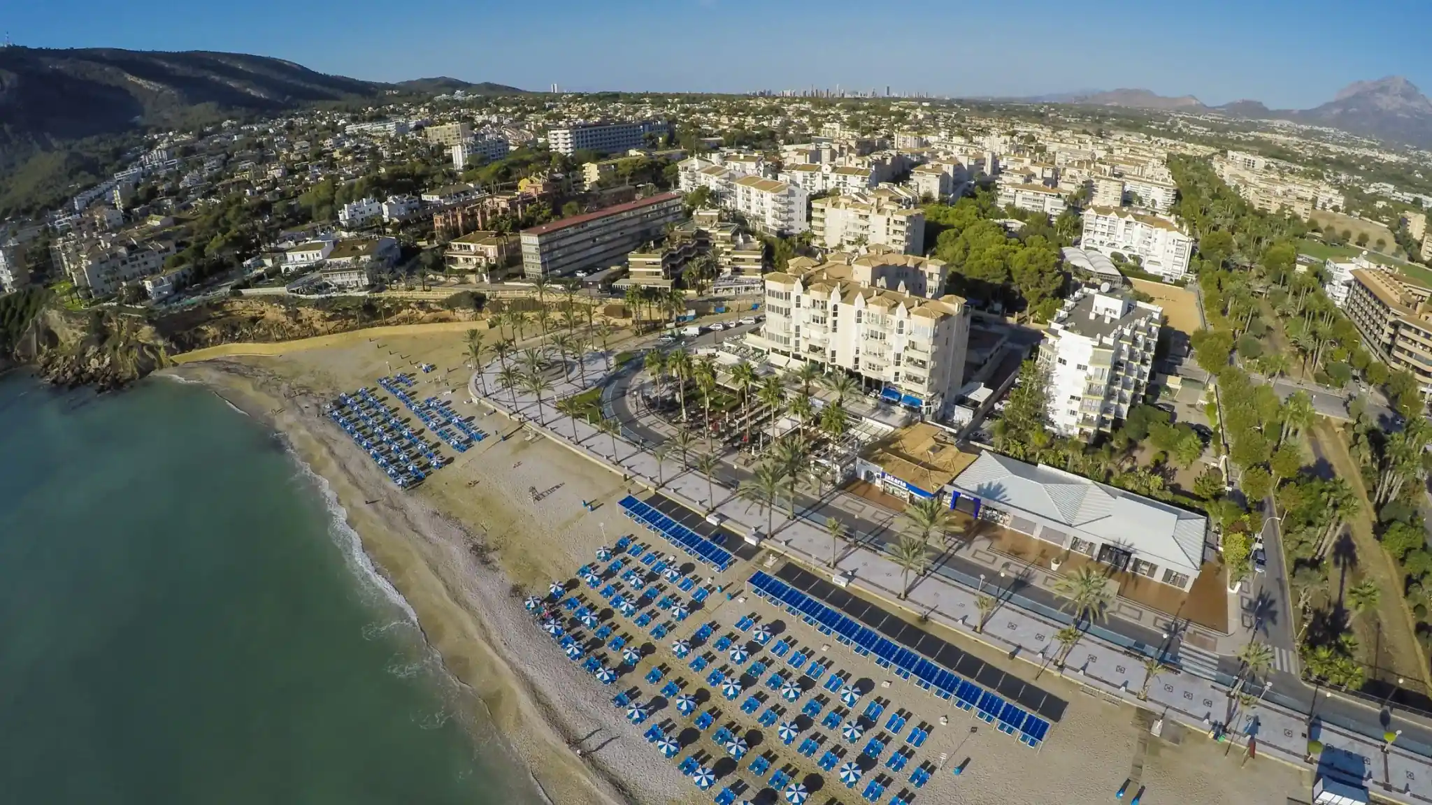 Vista aérea de el Albir con sombrillas azules, paseo marítimo con palmeras y edificios residenciales al fondo.