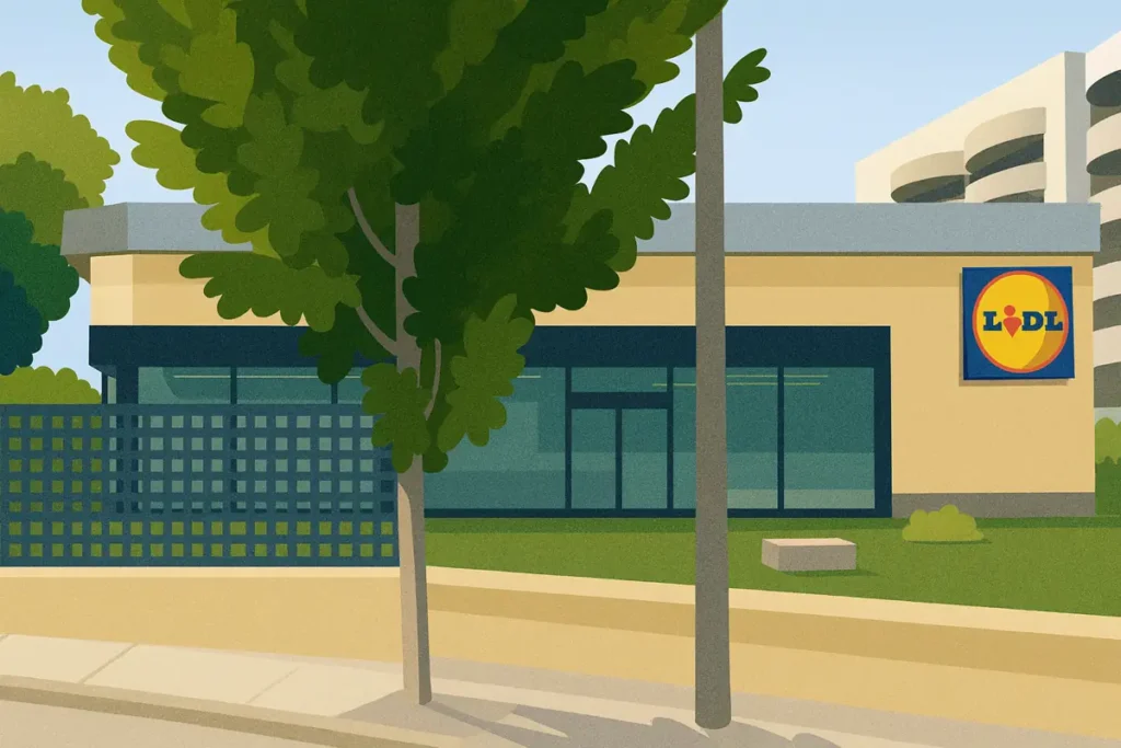 Supermercado en El Albir con fachada moderna y jardín frontal, inspirado en el estilo del Lidl de la Costa Blanca.