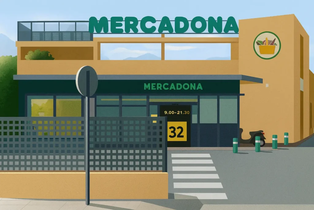 Fachada del Mercadona de El Albir (Alicante), supermercado con parking y secciones de panadería y pescadería.