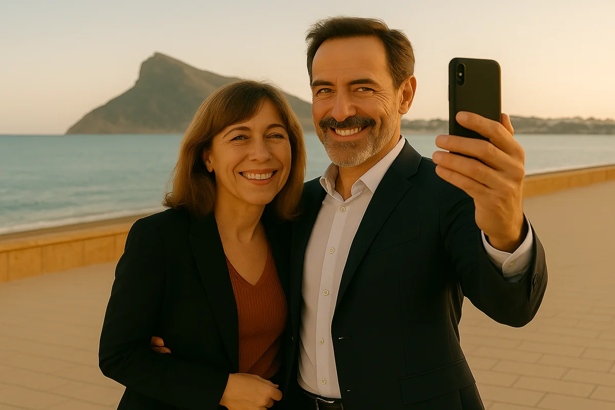 Pareja de mediana edad en el paseo marítimo de El Albir, abrazados y haciéndose una foto frente al mar al atardecer, con la Serra Gelada al fondo.