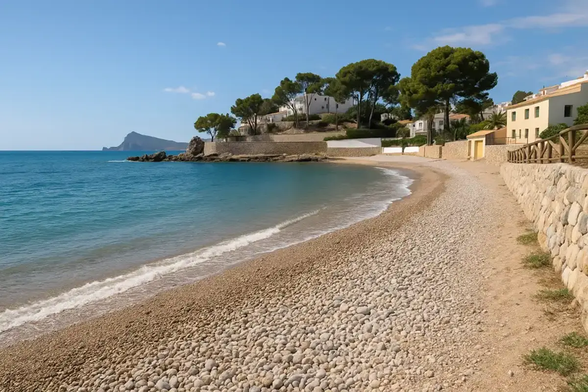 Playa de Cap Negret en Altea con cantos rodados, agua cristalina y la Sierra de Bèrnia al fondo