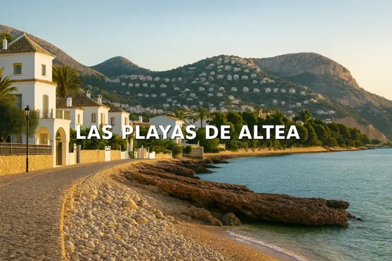 Vista panorámica de las playas de Altea al atardecer con casas blancas y la sierra de fondo